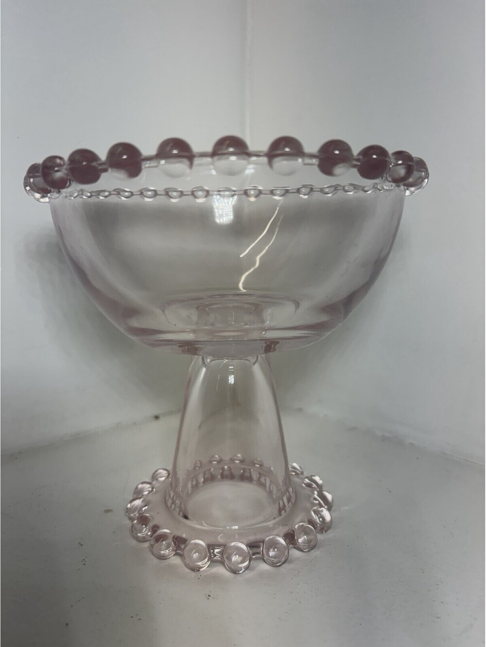 Vintage - Pink Beaded Glass Compote / Pedestal Bowl With Beaded Rim & Base RARE